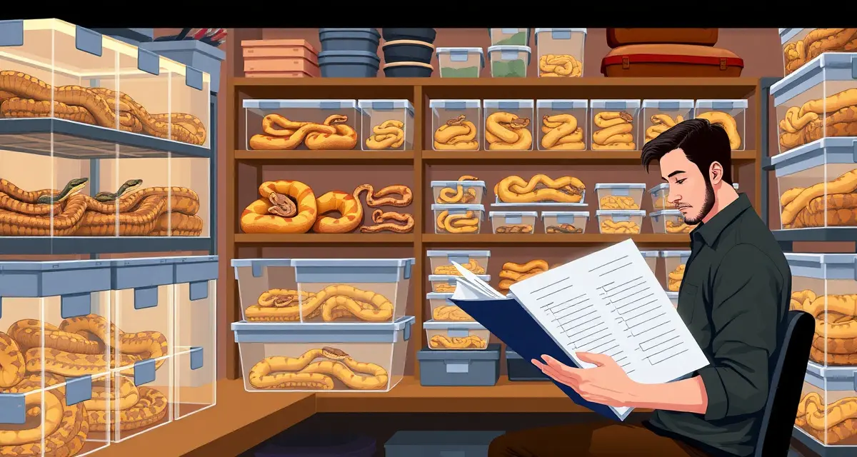Breeding inventory management for ball python hatcheries Ball python breeder managing overproduction inventory with breeding racks and hatchlings in organized facility.