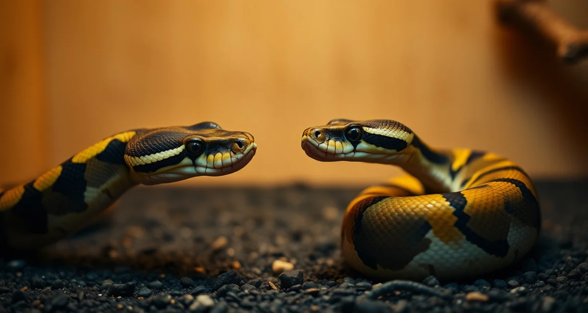 Proper ball python pairing introduction technique Ball python male and female during controlled breeding introduction in hatchery enclosure setup