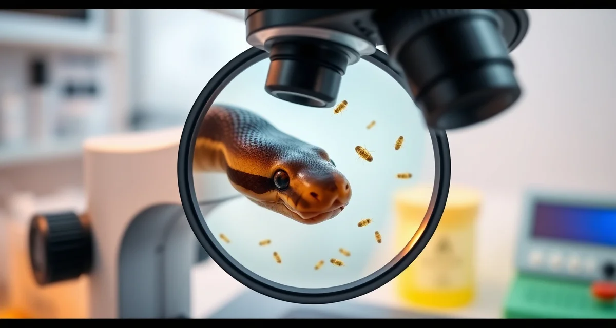 Fecal testing procedure for ball python parasite detection Microscopic examination of ball python fecal sample for internal parasite detection and identification during health screening