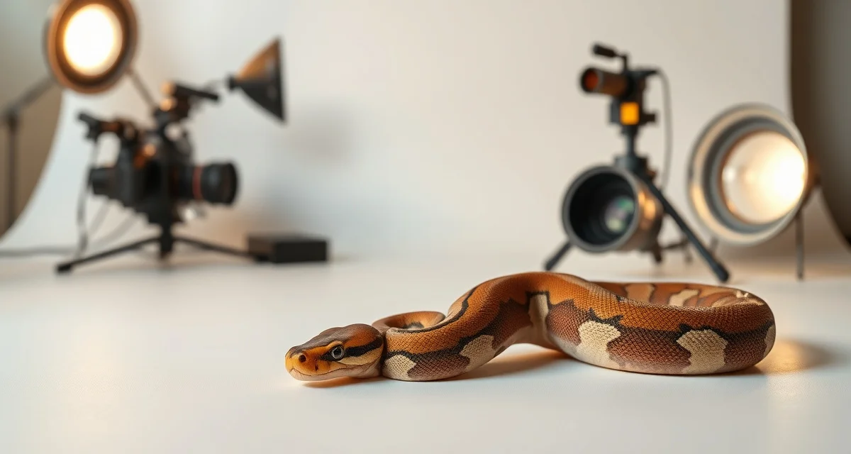 Ball python photography tips for hatchery sales Professional ball python photography setup with lighting equipment and clean background for breeding sales documentation