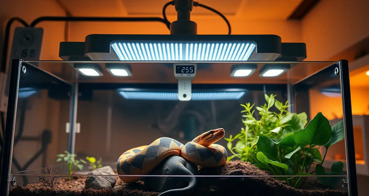 Photoperiod lighting effects on ball python reproduction Ball python in terrarium with seasonal lighting setup for breeding photoperiod cycle management