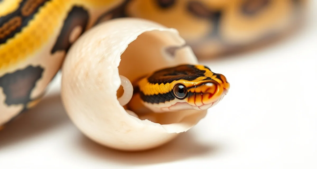 Ball Python Hatchling Pipping Stage Ball python hatchling pipping through eggshell during emergence process, showing detailed view of pip hole and snake head.