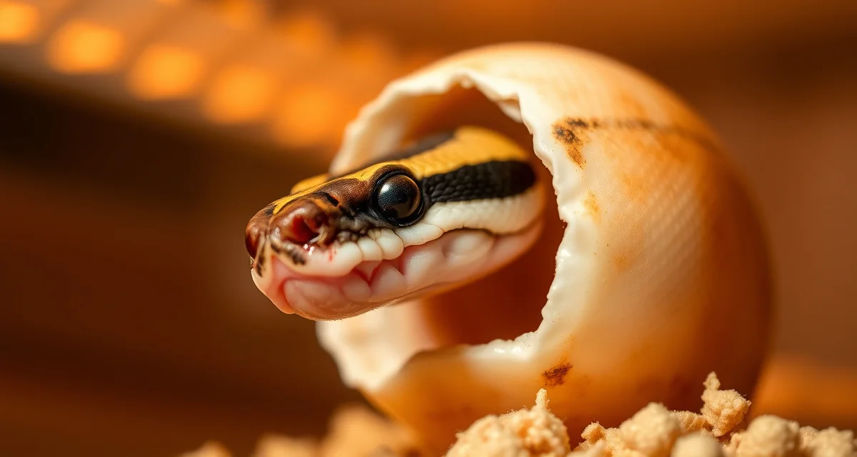 Ball python hatch day pipping process guide Ball python hatchling pipping through egg shell showing normal hatching progression and egg tooth detail for breeders