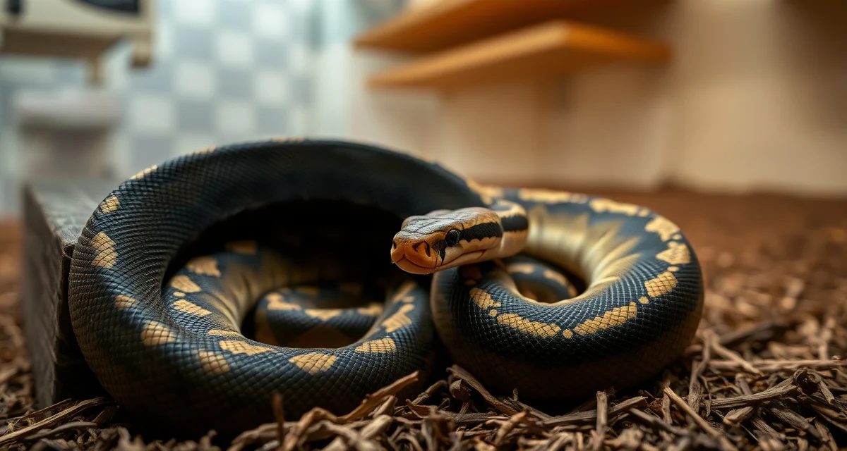 Advanced ball python nesting preparation Ball python female in pre-lay shed positioned near a wooden nest box with cypress substrate for breeding setup