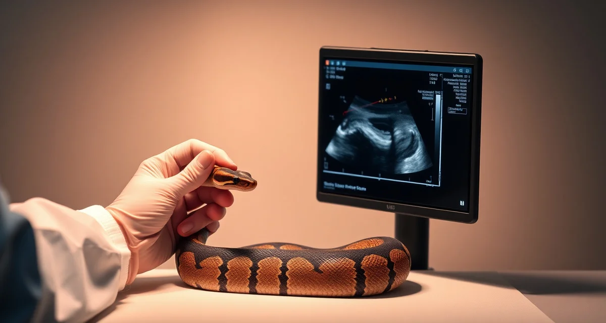 Ball Python Pregnancy Ultrasound Confirmation Method Veterinary ultrasound examination confirming ball python pregnancy with professional medical imaging equipment and technique.