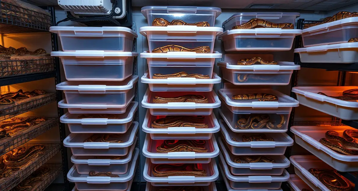 Professional ball python breeder rack configuration Organized ball python breeding rack system with multiple stacked plastic tubs featuring heating and thermoregulation for efficient hatchery operations.