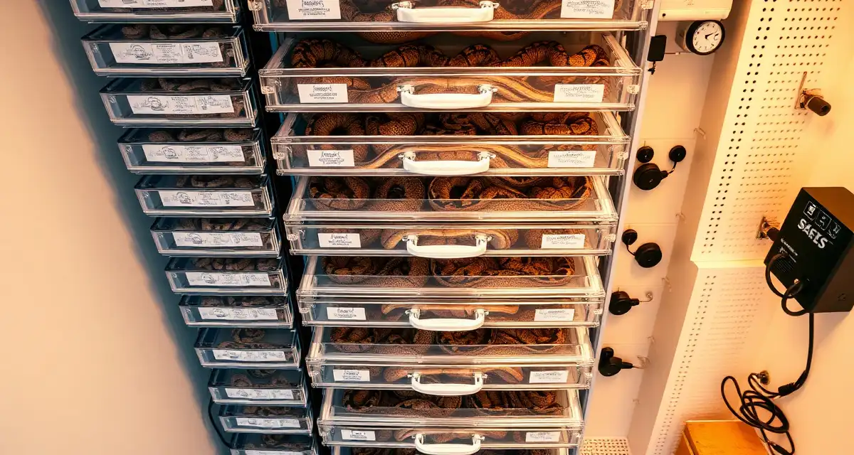 Organized rack housing setup for ball python breeding Professional ball python rack system with multiple organized enclosure drawers for efficient breeding collection housing and temperature control