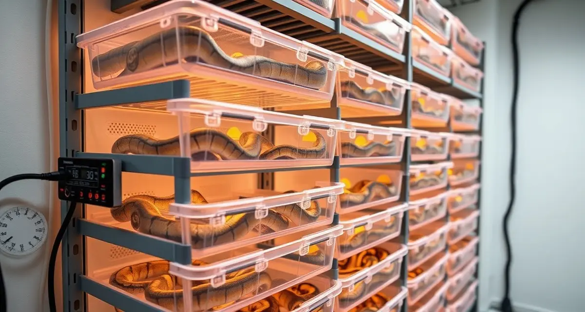 Modern reptile rack system with heating controls Professional ball python rack system showing stacked transparent enclosures with organized heat tape and thermostat temperature control setup for breeding operations.
