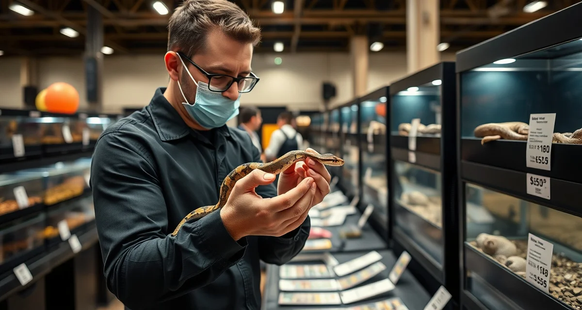 Professional ball python handling at reptile expo Ball python breeder demonstrating proper handling techniques at a reptile show with organized display setup and pricing information