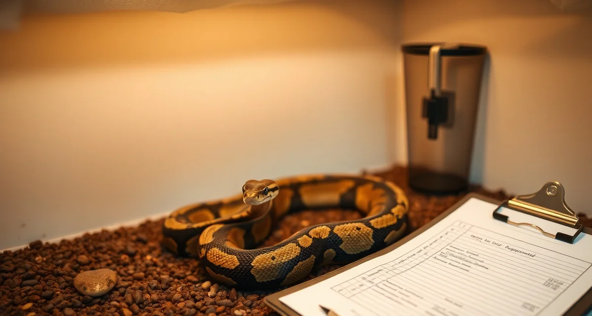 Rescue ball python quarantine and documentation setup Ball python in quarantine enclosure with organized record-keeping documentation for rescue rehabilitation intake assessment.