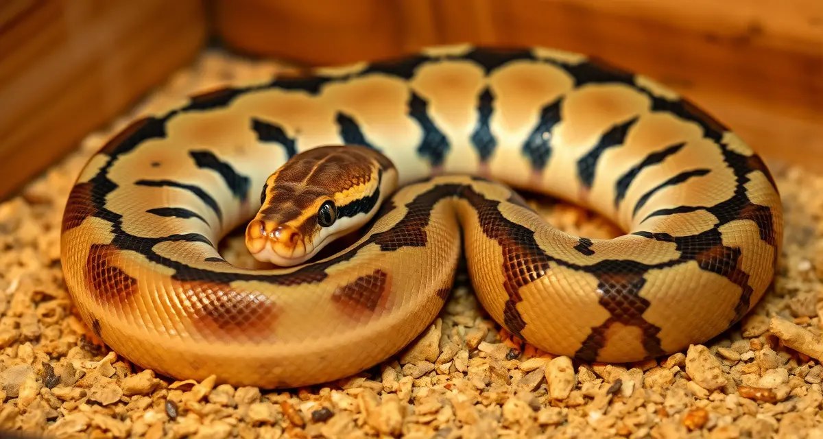 Ball python post-laying health monitoring Female ball python after laying eggs, showing normal post-lay condition for retained egg assessment in breeding.