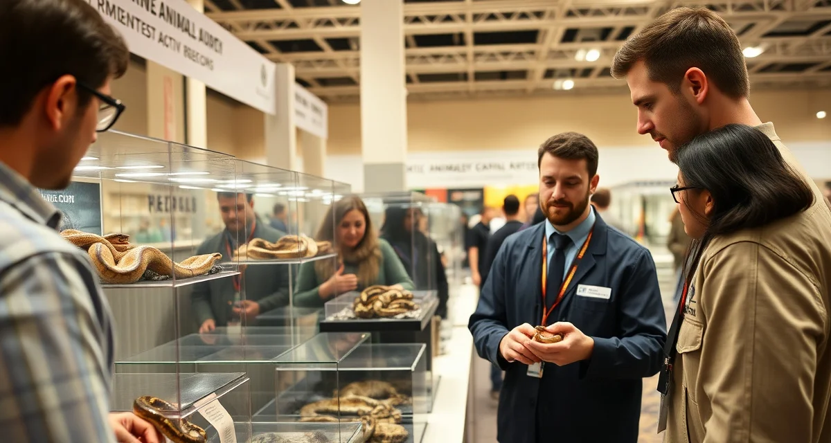 Professional ball python sales at reptile expo Ball python breeder selling hatchlings at reptile expo with customers examining morphs at booth display