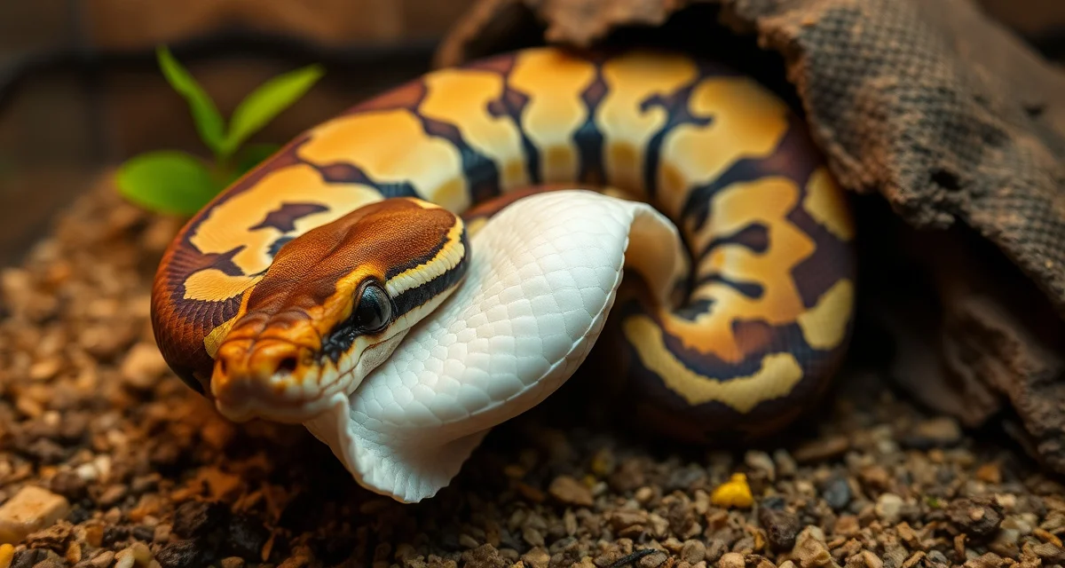 Healthy ball python complete shed cycle Ball python shedding completely in one piece, indicating healthy humidity and nutrition levels in breeding operations.