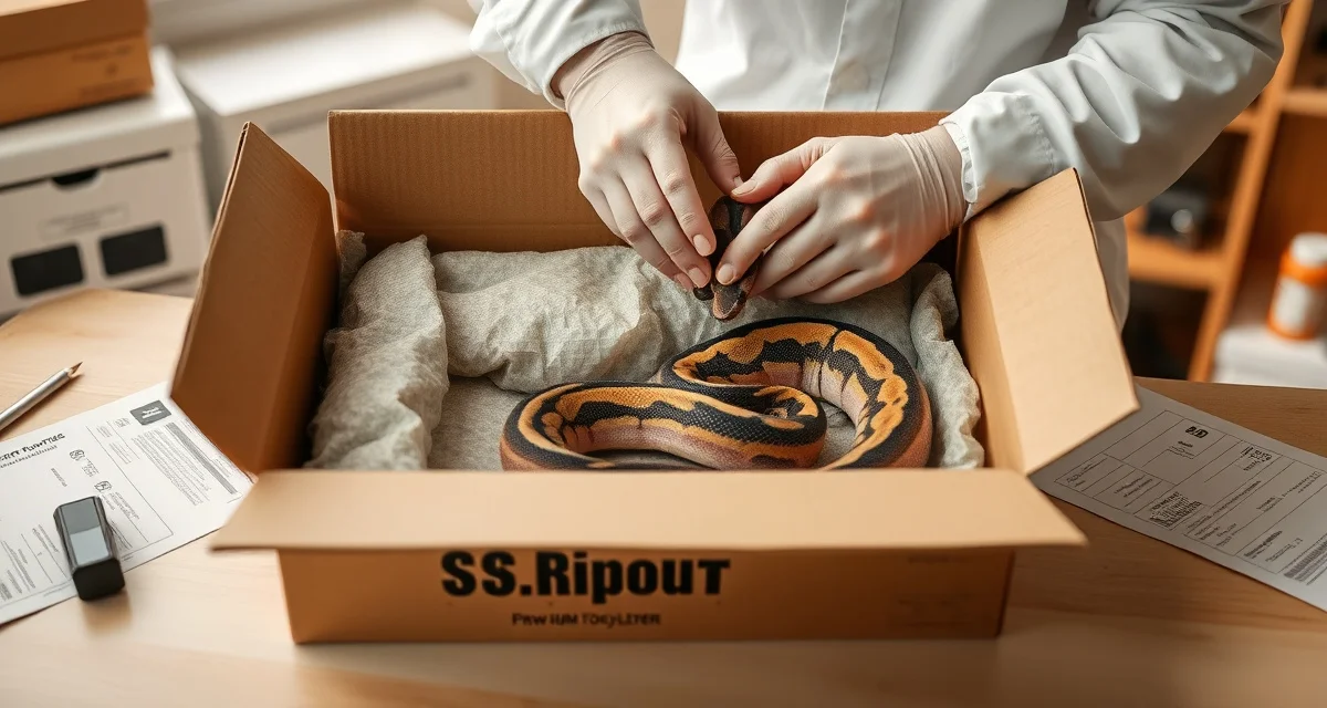 Secure ball python shipping and transport best practices Ball python shipping container with proper insulation, ventilation, and temperature monitoring equipment for safe reptile transport