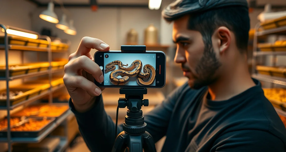 Social media marketing strategy for ball python breeders Ball python breeder creating social media content with professional photography setup for Instagram and Facebook marketing