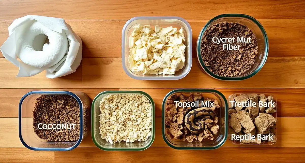 Best substrates for ball python breeding Comparison of five different ball python substrates including paper towels, coconut fiber, cypress mulch, topsoil mix, and reptile bark in separate containers.