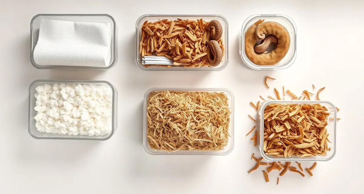 Best substrates for ball python breeding operations Comparison of five ball python breeding substrates including paper towels, newspaper, coconut coir, cypress mulch, and aspen shavings in containers