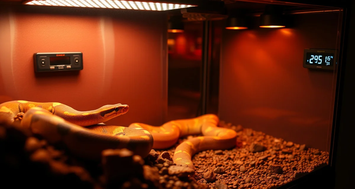 Professional ball python enclosure temperature gradient configuration Ball python enclosure with proper temperature gradient zones showing warm and cool side heating setup for breeding