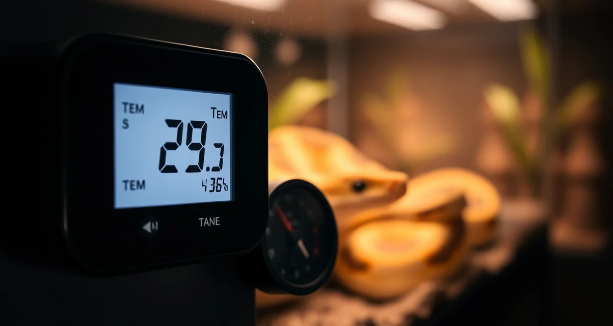 Thermostat calibration tools for accurate reptile breeding temperatures Digital thermostat display with temperature verification equipment for ball python breeding enclosure calibration
