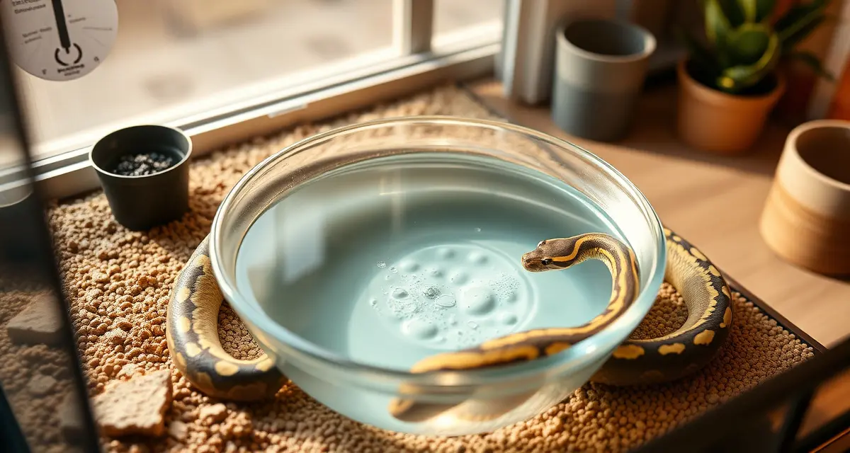 Water bowl hygiene essentials for ball python breeding programs Clean water bowl in ball python breeding enclosure showing proper hygiene maintenance for reptile hatchery operations