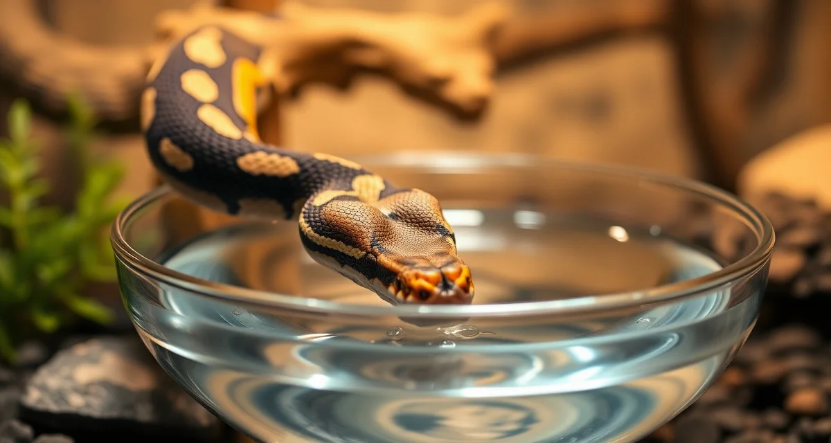 Professional water bowl setup for ball python hydration Ball python drinking from a properly sized and positioned water bowl for optimal hydration management in captive breeding environments.