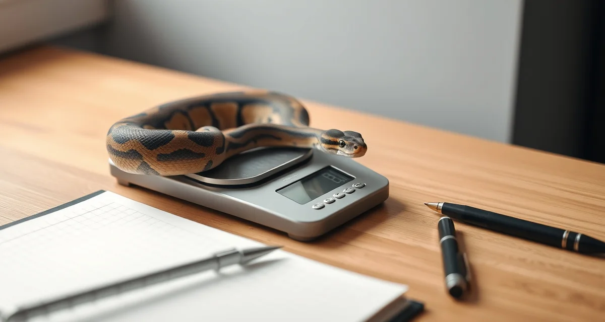 Accurate weight measurement for ball python health monitoring Ball python on digital scale for weight tracking and body condition scoring assessment in breeding programs