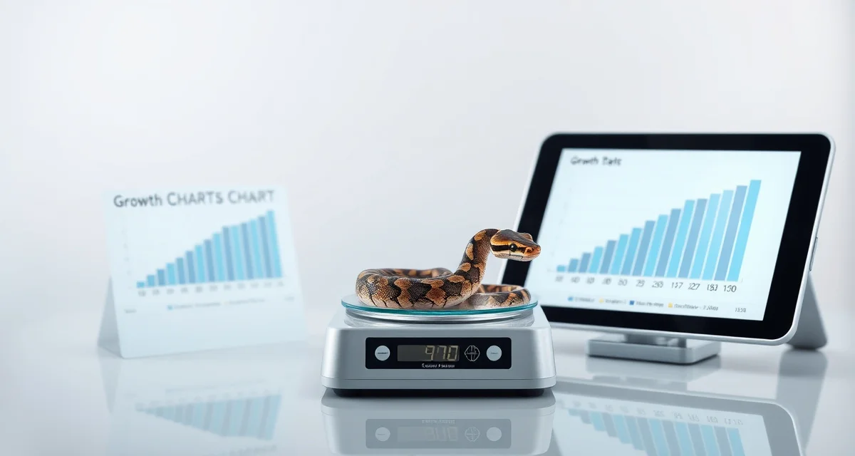 Weight tracking system for ball python breeding health Ball python on a digital scale with growth curve chart data for breeder health monitoring and weight tracking