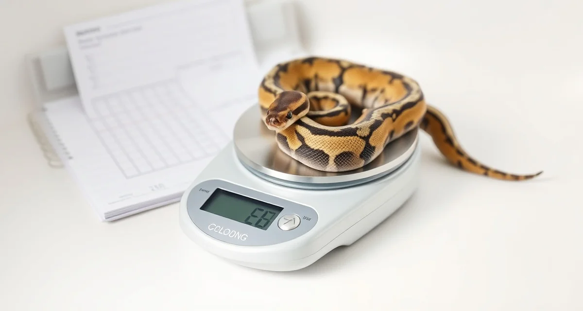 Weight tracking scale for monitoring ball python growth progression Ball python being weighed on a digital scale for growth rate tracking and health monitoring in breeding records.