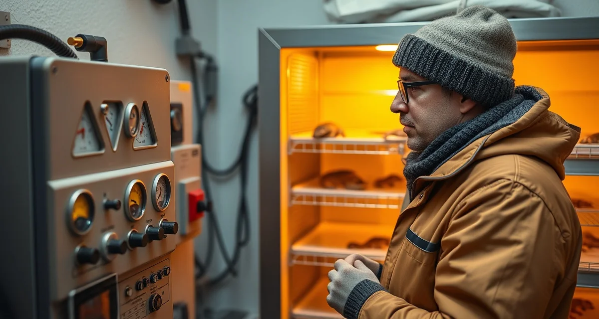 Winter hatchery heating system management Ball python breeder checking heating equipment during winter hatchery operations to maintain optimal temperature control