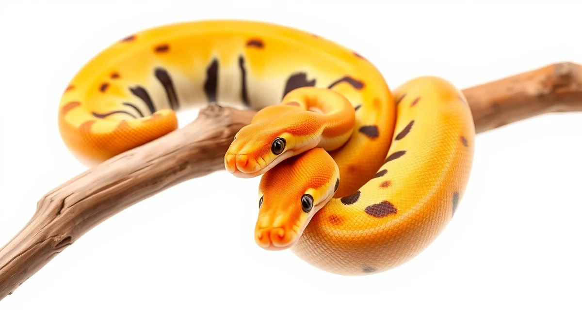 Banana morph ball python pattern and coloration Banana ball python displaying characteristic orange and yellow coloration with black freckle spots, a commercially popular reptile breeding morph.