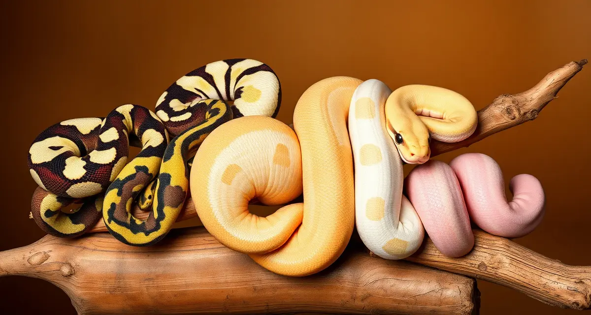 Top profitable ball python morphs for 2025 breeding programs Collection of five best ball python morphs to breed including Clown, Pied, Banana, Pastel, and Enchi varieties on natural branches