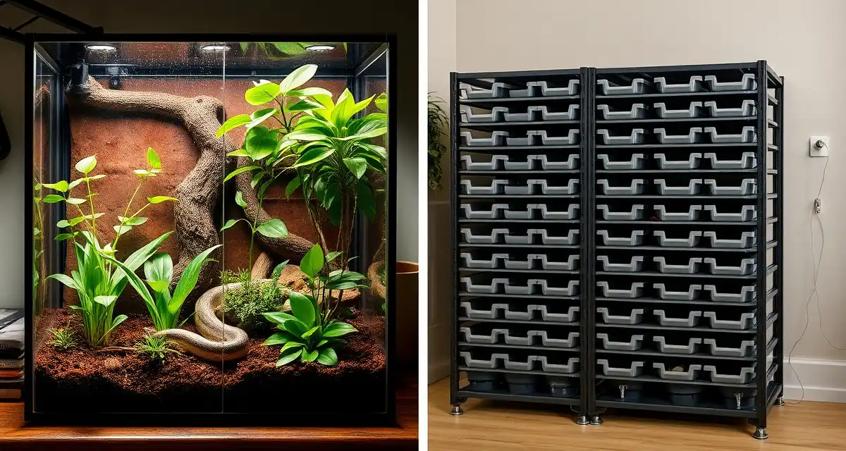 Ball Python Housing Systems Comparison Comparison of bioactive naturalistic enclosure and rack system setup for ball python breeding females, showing housing options.