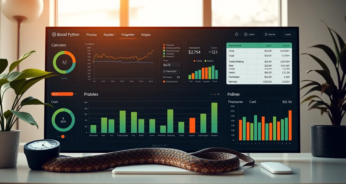 Financial tracking system for blood python breeding operations Blood python breeding financial tracking dashboard showing cost analysis, revenue projections, and per-clutch profitability metrics for reptile breeders.