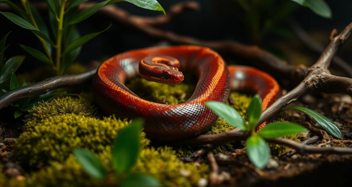 Professional blood python husbandry setup for breeders Blood python coiled on humid substrate in a properly designed breeding enclosure with moss and natural branches for optimal husbandry