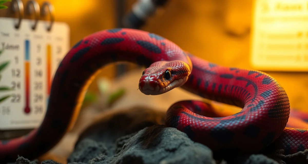 Blood Python Breeding Season Visual Guide Blood python coiled in breeding enclosure showing red coloration and breeding readiness indicators during optimal breeding season timing.