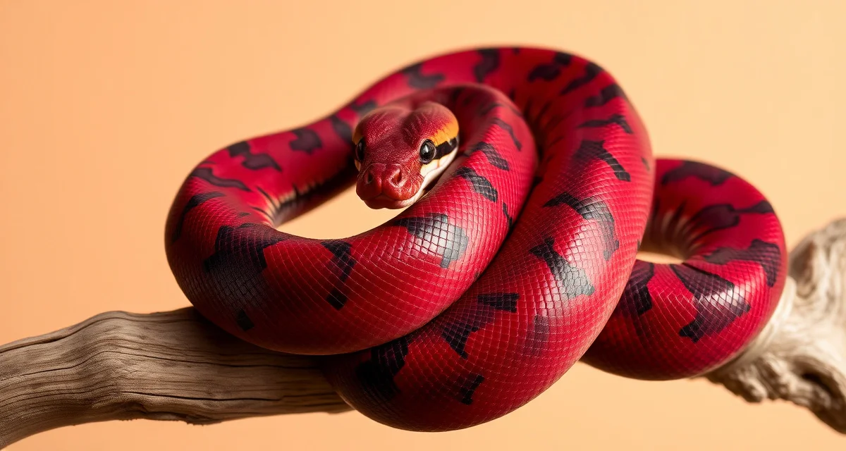 Blood Python Species Care and Breeding Adult blood python displaying characteristic deep red coloration and coiled posture on natural branch, illustrating proper captive care habitat setup.
