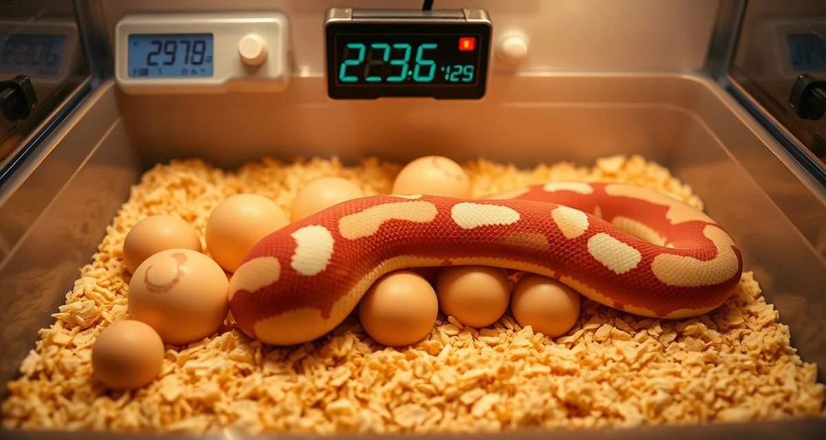 Professional blood python incubation chamber setup Blood python eggs incubating in substrate with temperature and humidity monitoring equipment for optimal breeding conditions