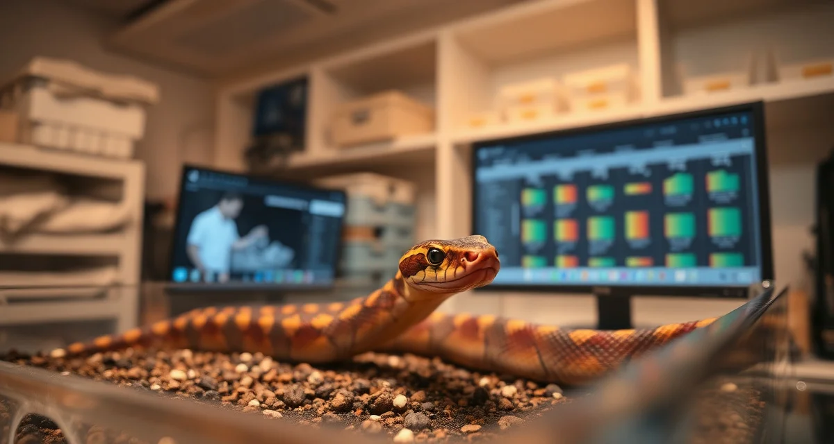 Blood python hatchling care and inventory tracking system Blood python hatchling in breeding enclosure with digital inventory management system for tracking feeding timelines and weight progression