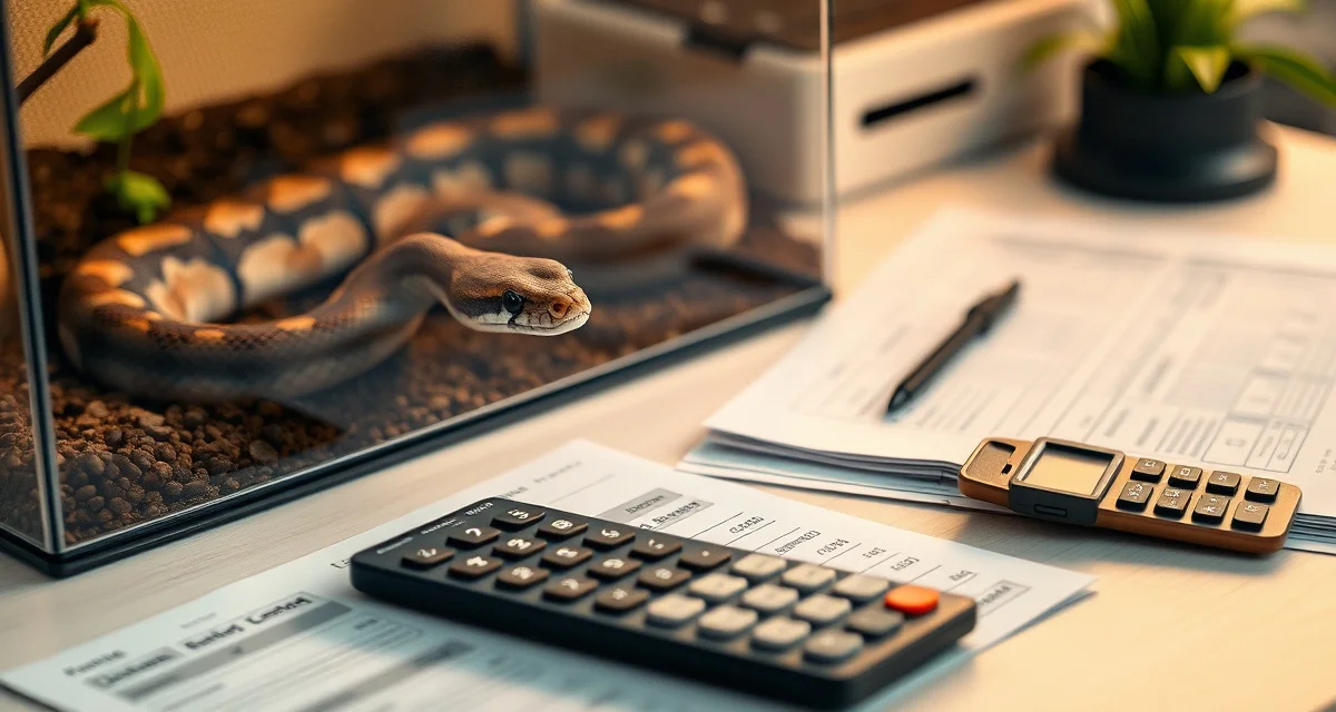 Financial tracking essentials for boa constrictor breeding operations Boa constrictor in enclosure with financial tracking documents and calculator for reptile breeder cost management