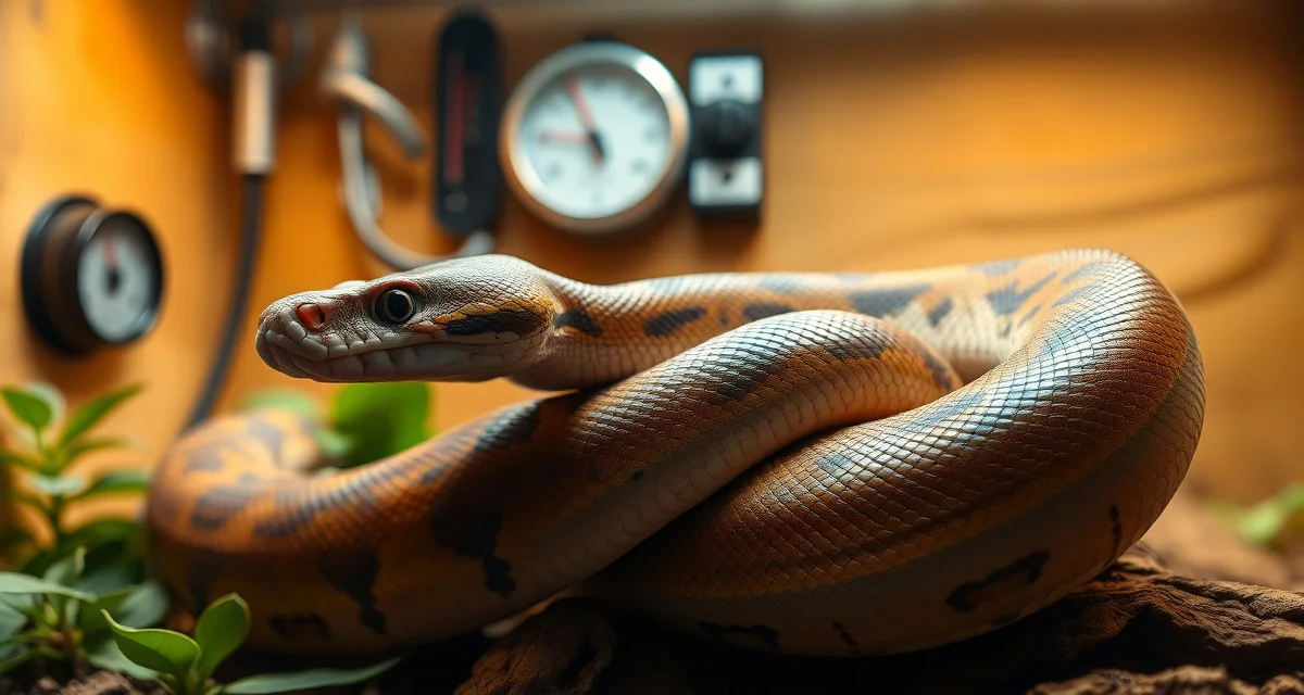 Boa constrictor pregnancy and incubation care Gravid female boa constrictor displaying healthy body condition during gestation in temperature-controlled terrarium environment.