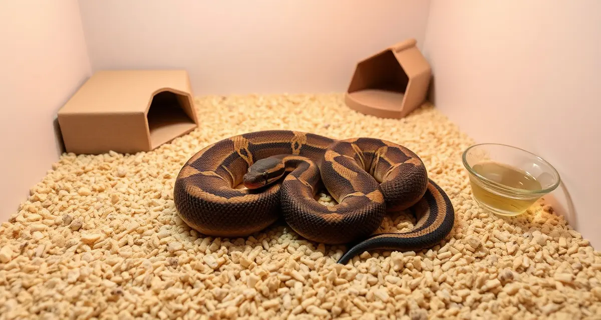 Essential neonate housing setup for boa constrictors Boa constrictor hatchling in properly sized neonate enclosure with hide box and water dish for initial care