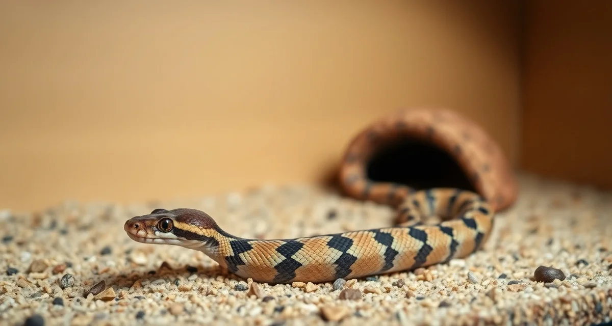 Boa constrictor neonate feeding preparation Young boa constrictor hatchling in proper feeding enclosure setup with naturalistic substrate and hide box