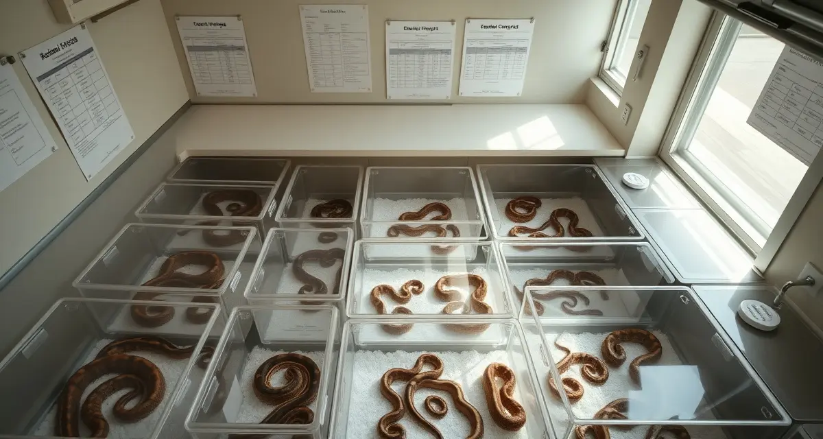 Professional boa breeding inventory setup Organized boa constrictor hatchling enclosures with individual ID tracking system for efficient inventory management