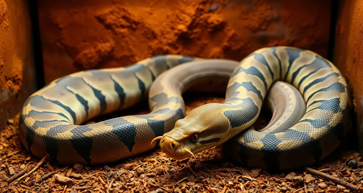 Burmese Python Breeding Pair Introduction Large adult Burmese pythons during controlled breeding pairing introduction in professional hatchery setup with naturalistic terrarium