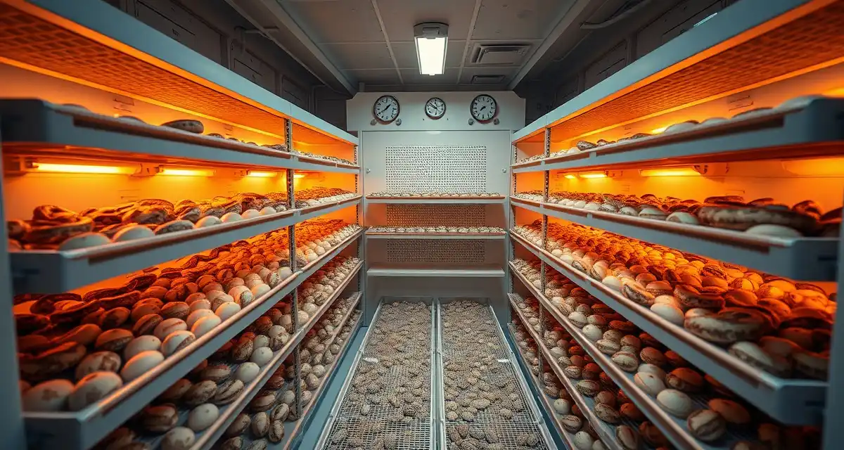 Professional reptile hatchery incubation system Large-scale Burmese python egg incubation setup with temperature-controlled chambers and organized egg trays for professional breeding operations