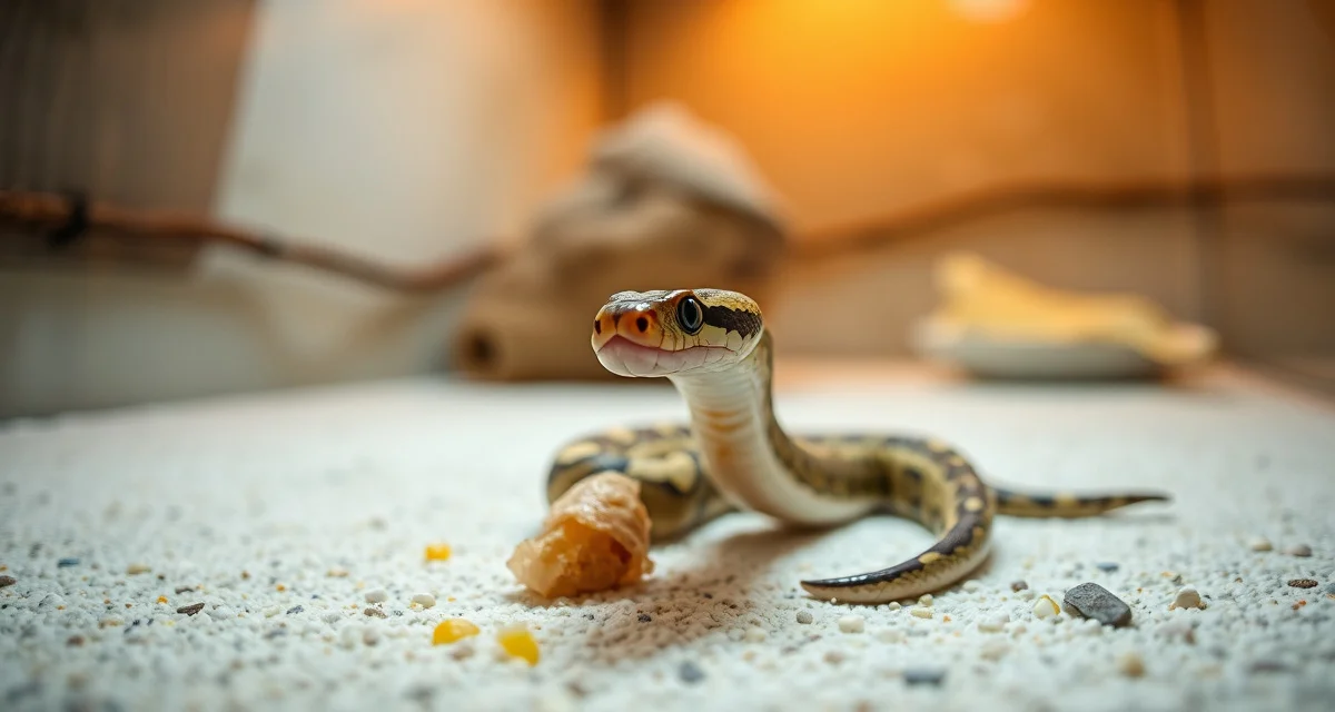 Young Burmese python hatchling feeding setup Burmese python hatchling demonstrating feeding behavior with appropriately sized prey in a controlled breeding environment.