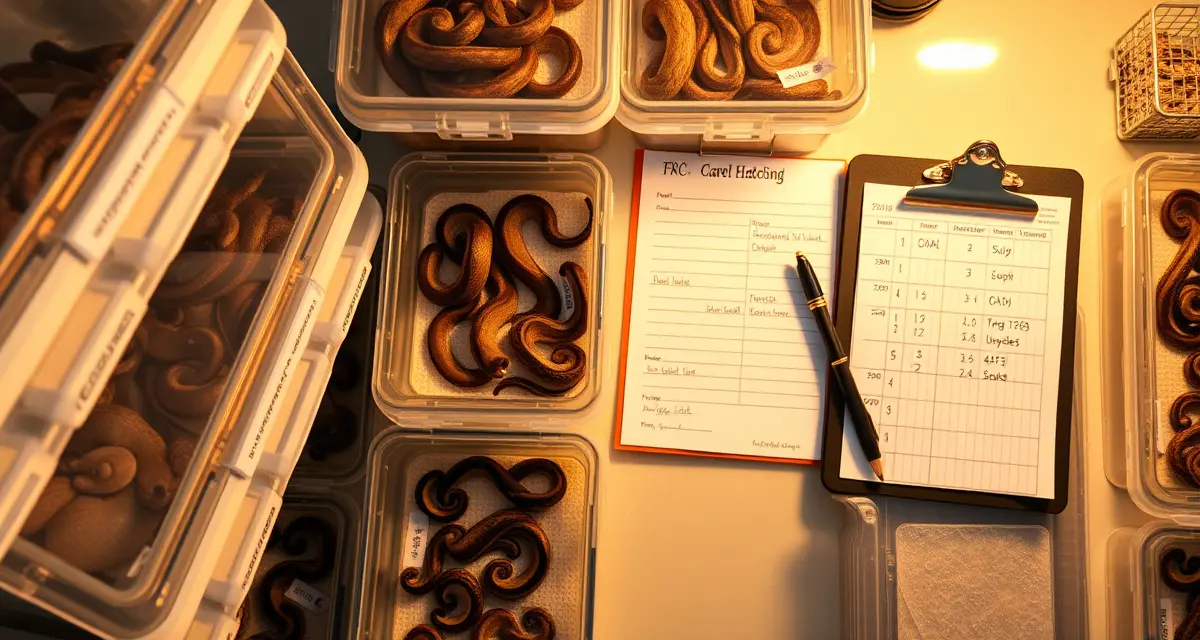 Professional reptile hatchery inventory tracking setup Organized burmese python hatchling inventory management system showing labeled enclosures and breeding records for reptile hatchery operations