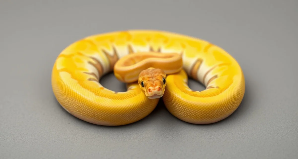 Butter clown combination ball python specimen Butter clown ball python displaying bright yellow buttery coloration with distinctive alien head clown pattern markings for breeding reference.
