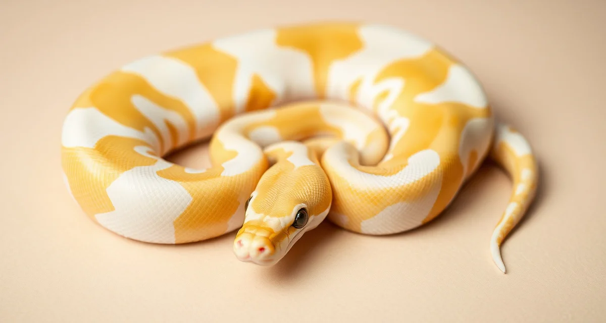Butter Pied Ball Python Morphology Butter pied ball python showing distinctive warm golden coloration and white pied patches used in breeding projects.