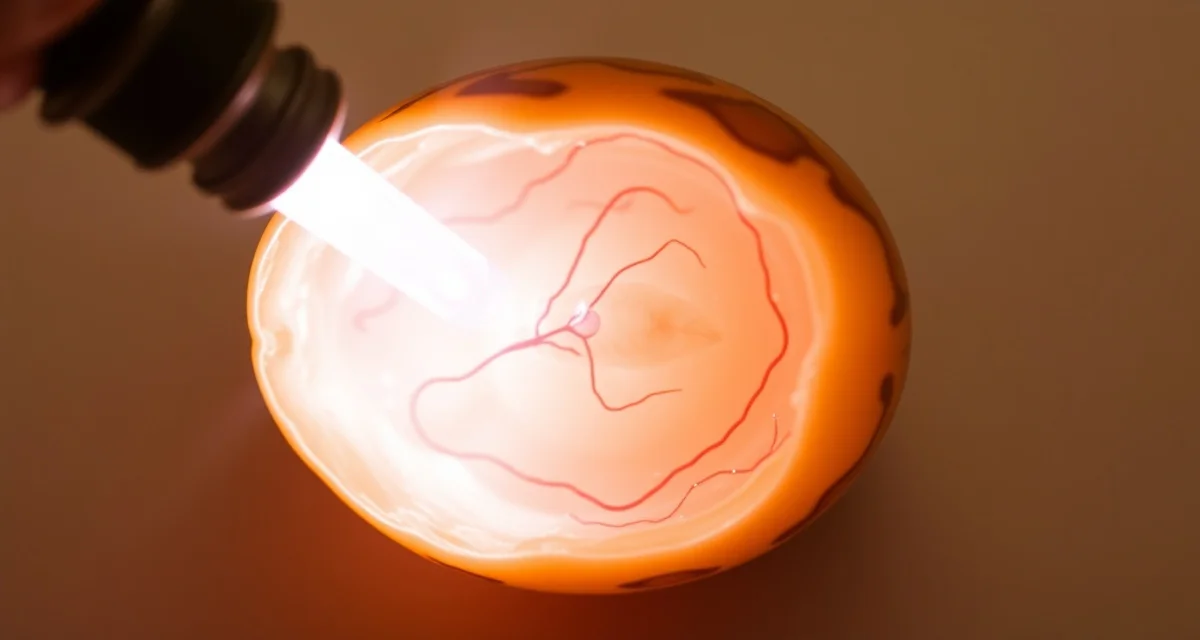 Candling technique for ball python egg inspection Ball python egg being candled with bright light to check fertility and embryo development during incubation